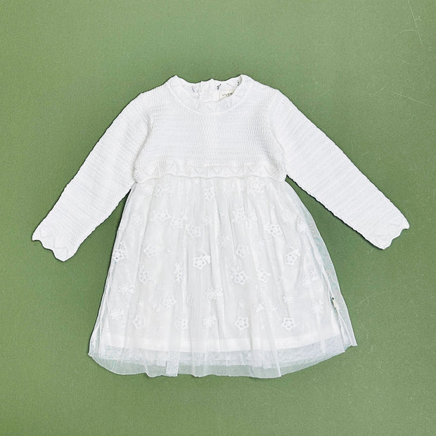 Milan Dove White Floral Embroidered Tutu Knit Baby Dress (Organic)