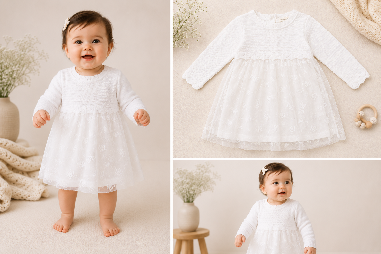 Organic Milan Dove White Floral Embroidered Tutu Knit Baby Dress