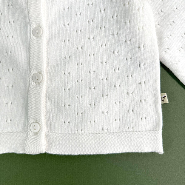 Milan Dove White Pointelle Knit Baby Cardigan (Organic) by Viverano Organics