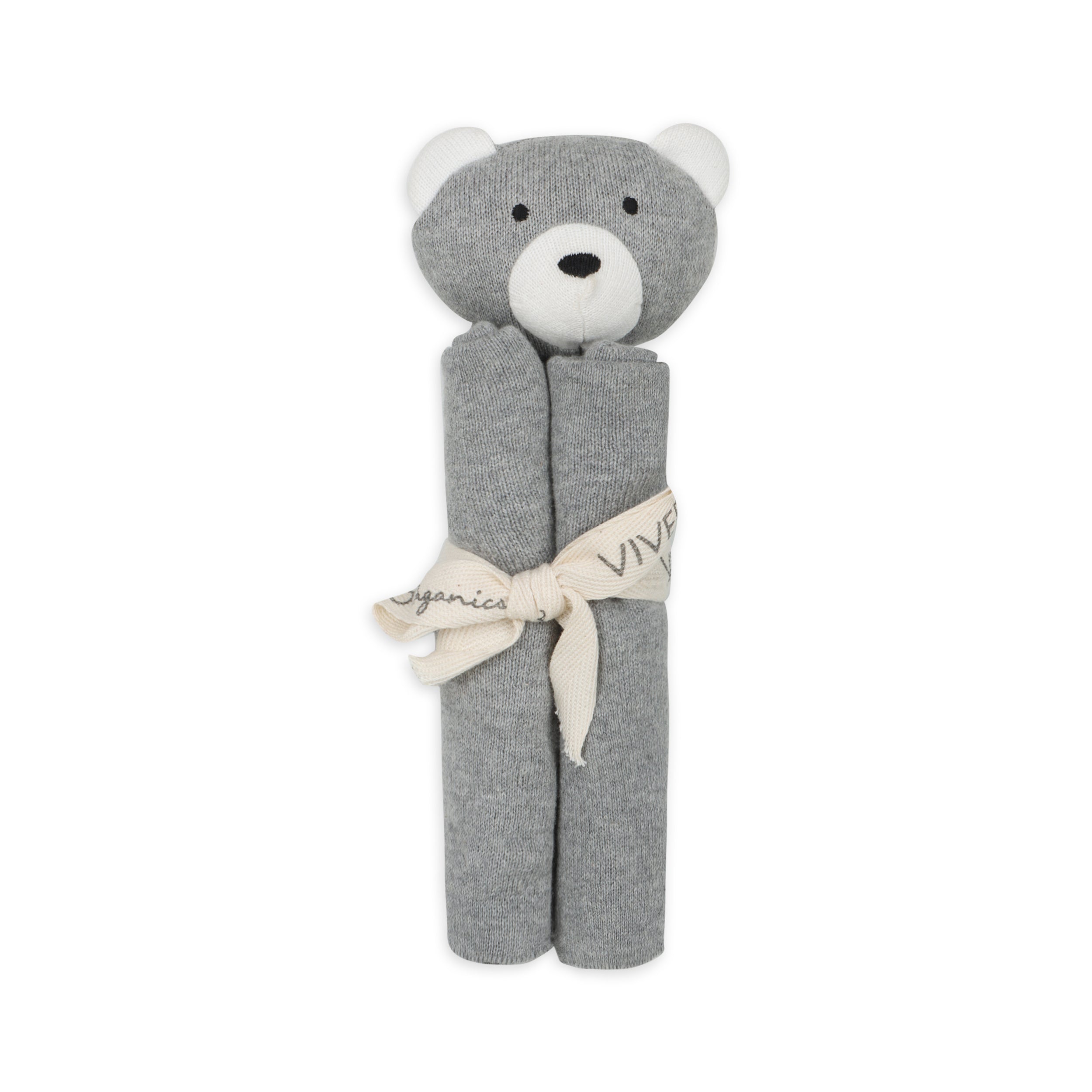 Viverano gray teddy bear organic baby lovey blanket wrapped with a cream ribbon
