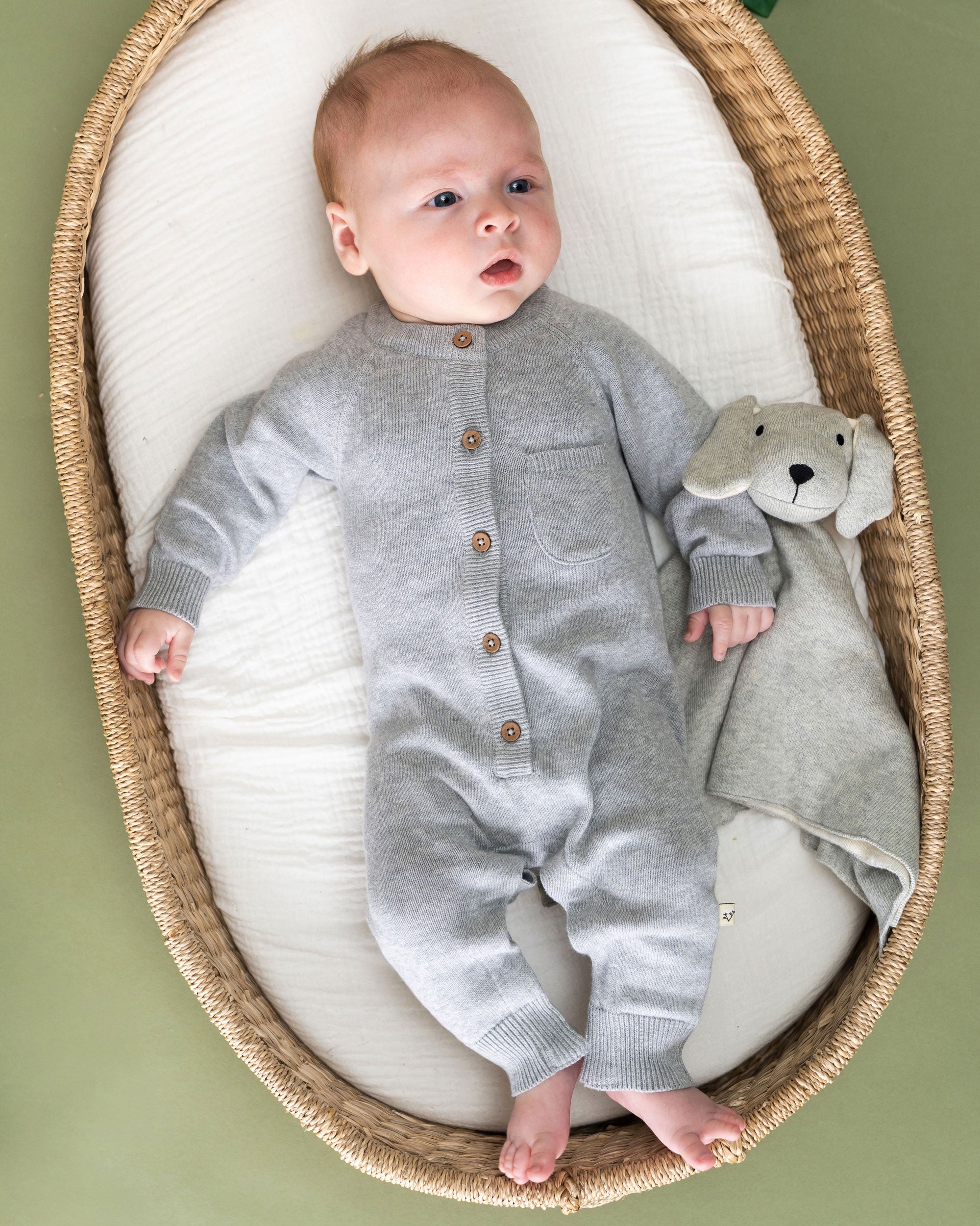 Grey Heather Puppy Dog - Organic Baby Lovey Security Blanket Cuddle Cloth with model in Viverano Milan Jumpsuit