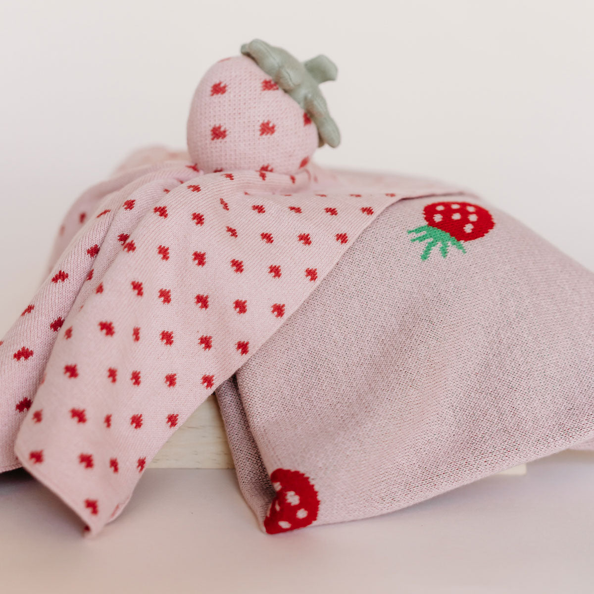 Strawberry Lovey Toy & Strawberry Jacquard Sweater Knit Baby Blanket (Organic Cotton)