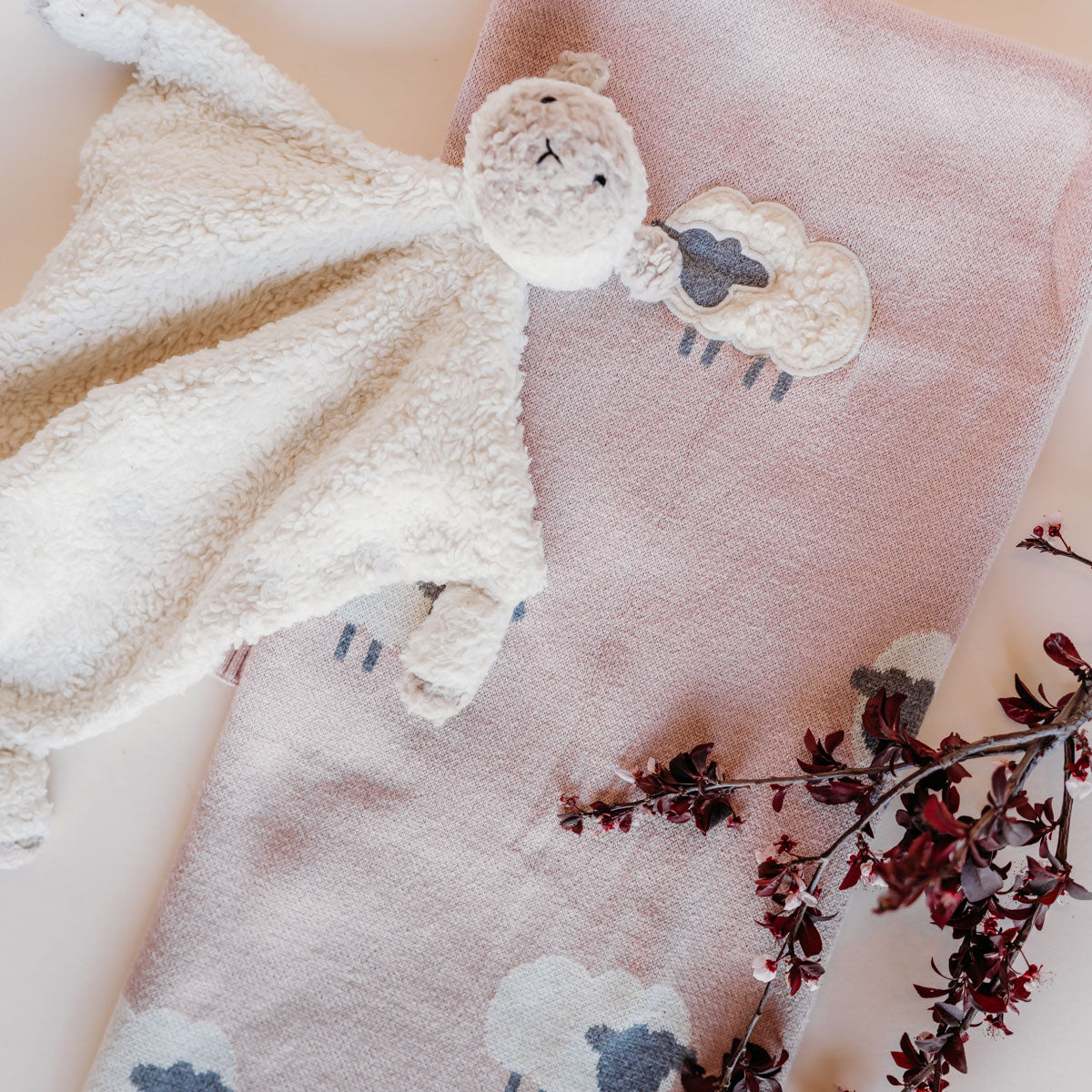 Lamb Sherpa Lovey on Pink Wooly Lamb Baby Blanket by Viverano Organics