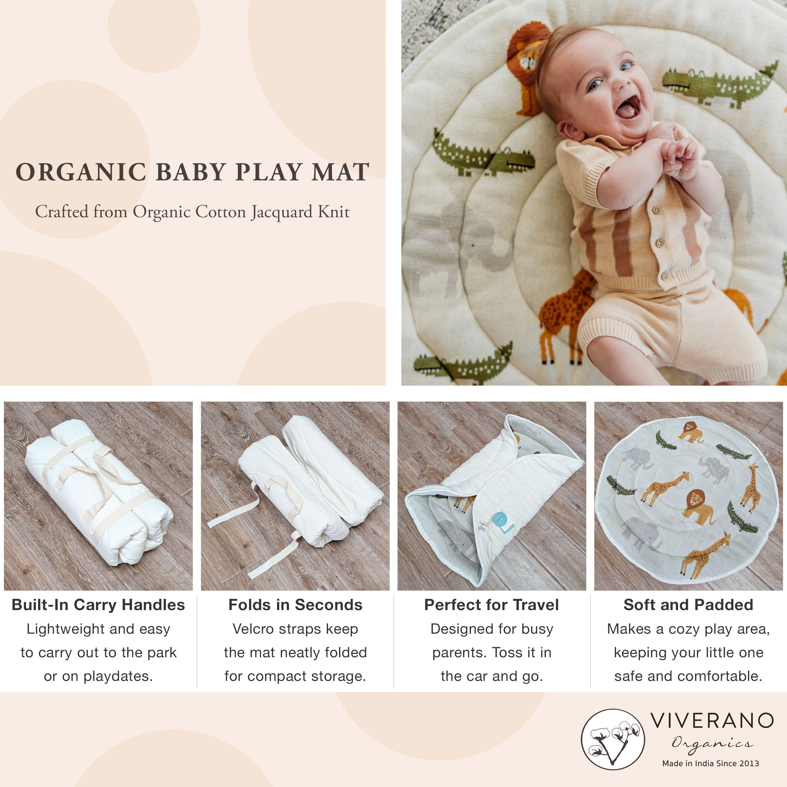 Safari Animal Friends Organic Cotton Knit Baby Padded Round Playmat - Folding Steps