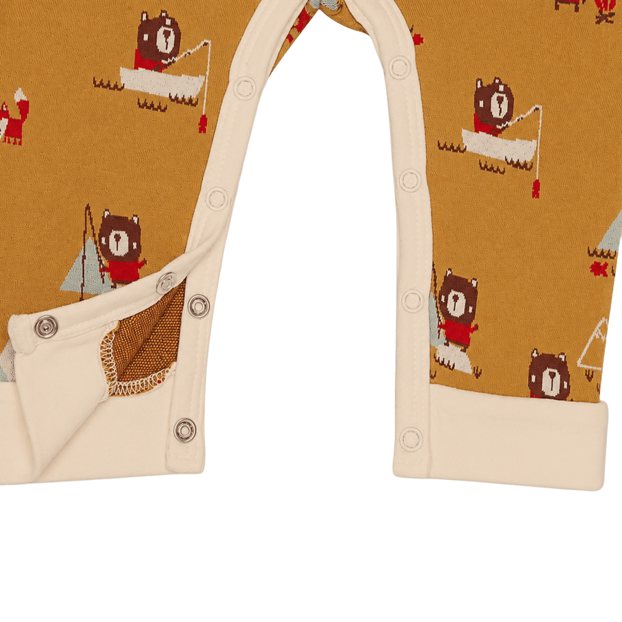 close up view of snap closures on camping bear fox kangaroo jacquard baby jumpsuit