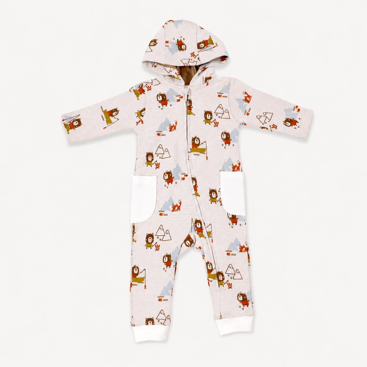 Camping Bear & Fox Jacquard Zipper Hoodie Jumpsuit made with organic cotton