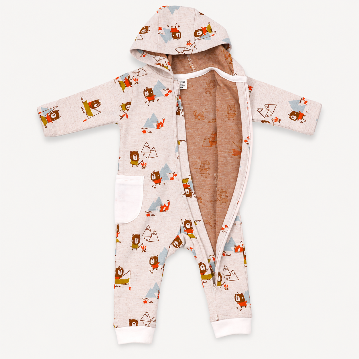 open version of Camping Bear & Fox Jacquard Zipper Hoodie Jumpsuit made with organic cotton