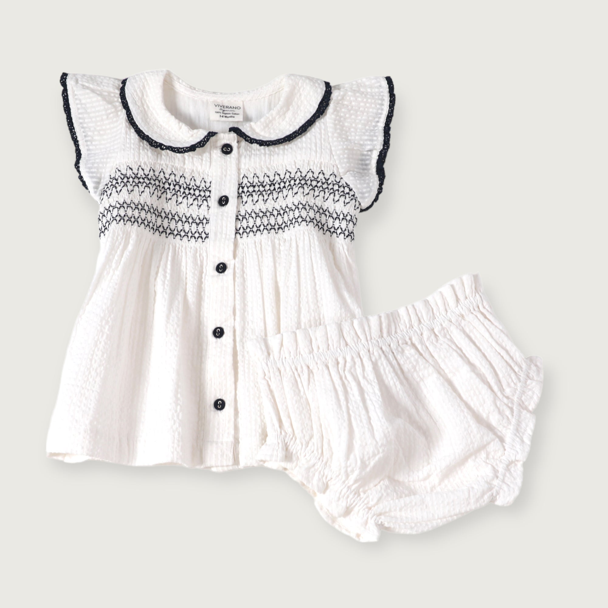 Celine White Seersucker Smocked Baby Dress + Bloomer (Organic Cotton)
