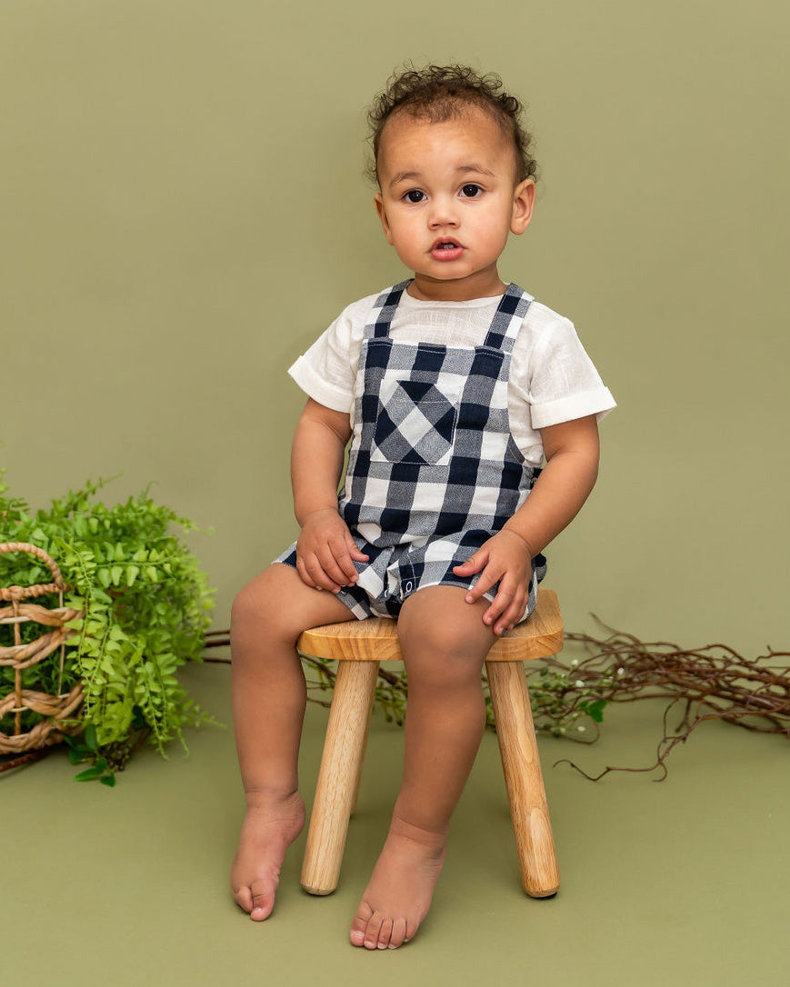 Raphael Navy Checker Gingham Romper + Shirt Set (Organic Cotton)