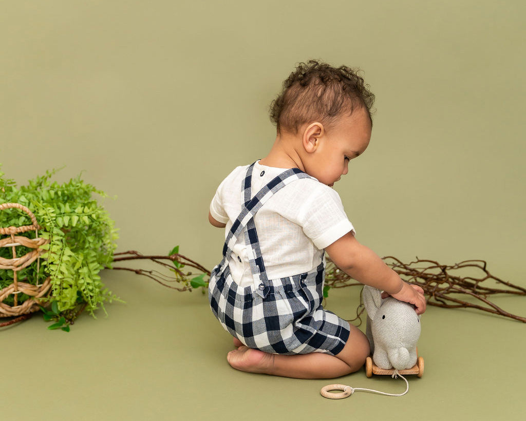 Raphael Navy Checker Gingham Romper + Shirt Set (Organic Cotton)