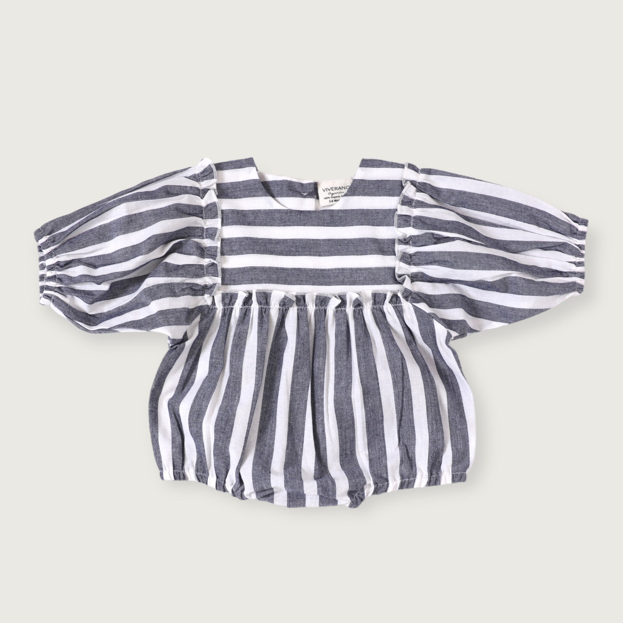 Sasha Blue Stripe Puff Sleeve Bubble Baby Romper (Organic Cotton)