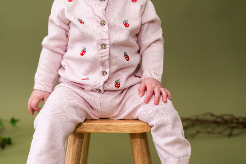 Strawberry Embroidered Knit Baby Cardigan (Organic Cotton)