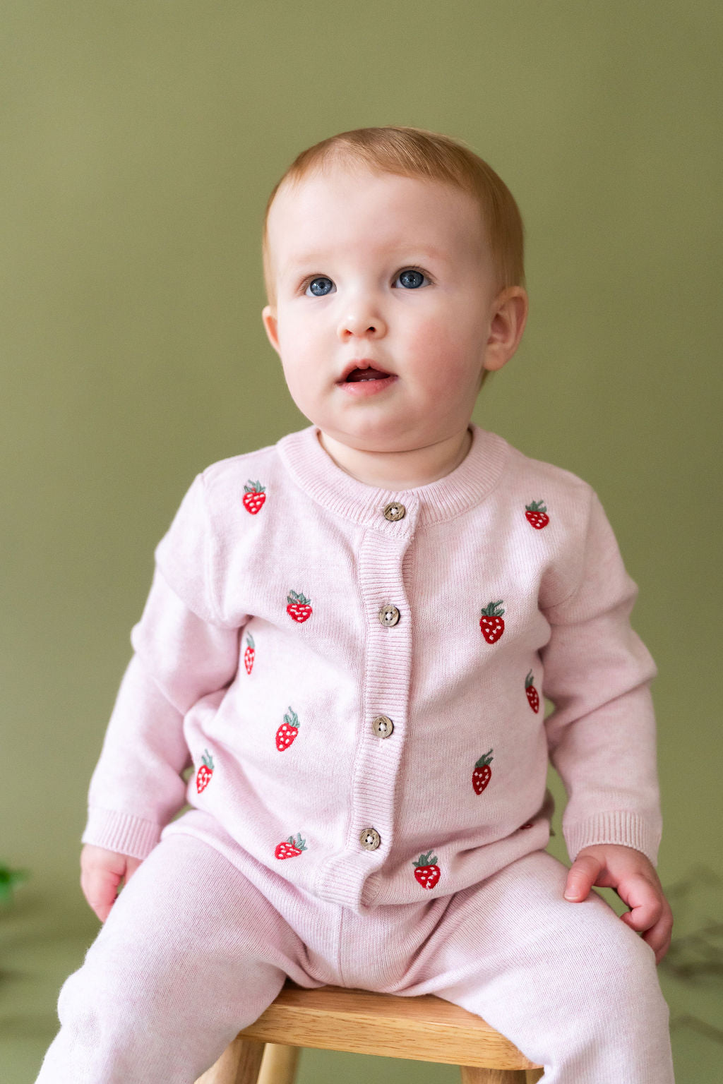 Strawberry Embroidered Knit Baby Cardigan (Organic Cotton)