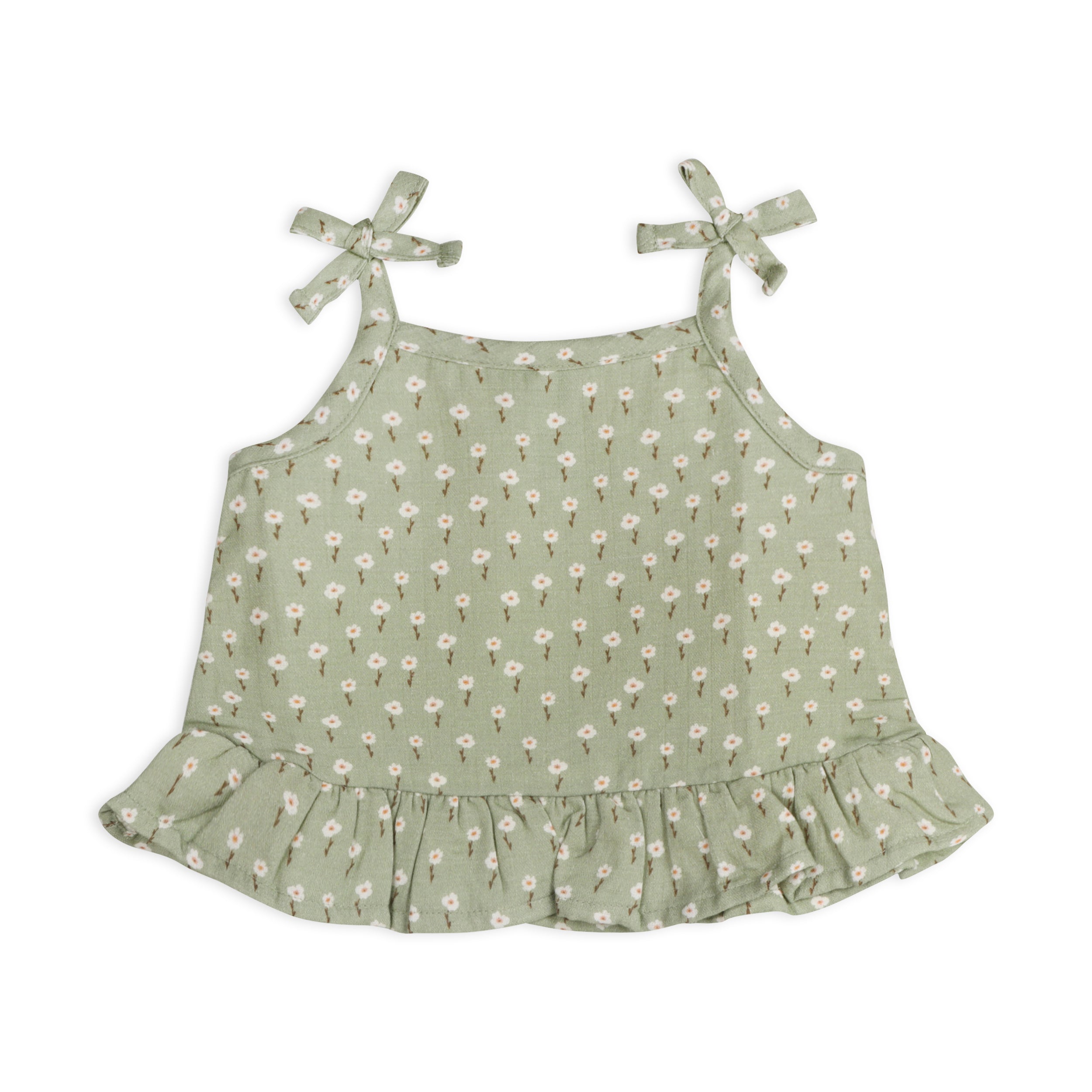 Sage Floral Shoulder Tie Baby Shirt Top + Shorts Set (Organic Muslin)