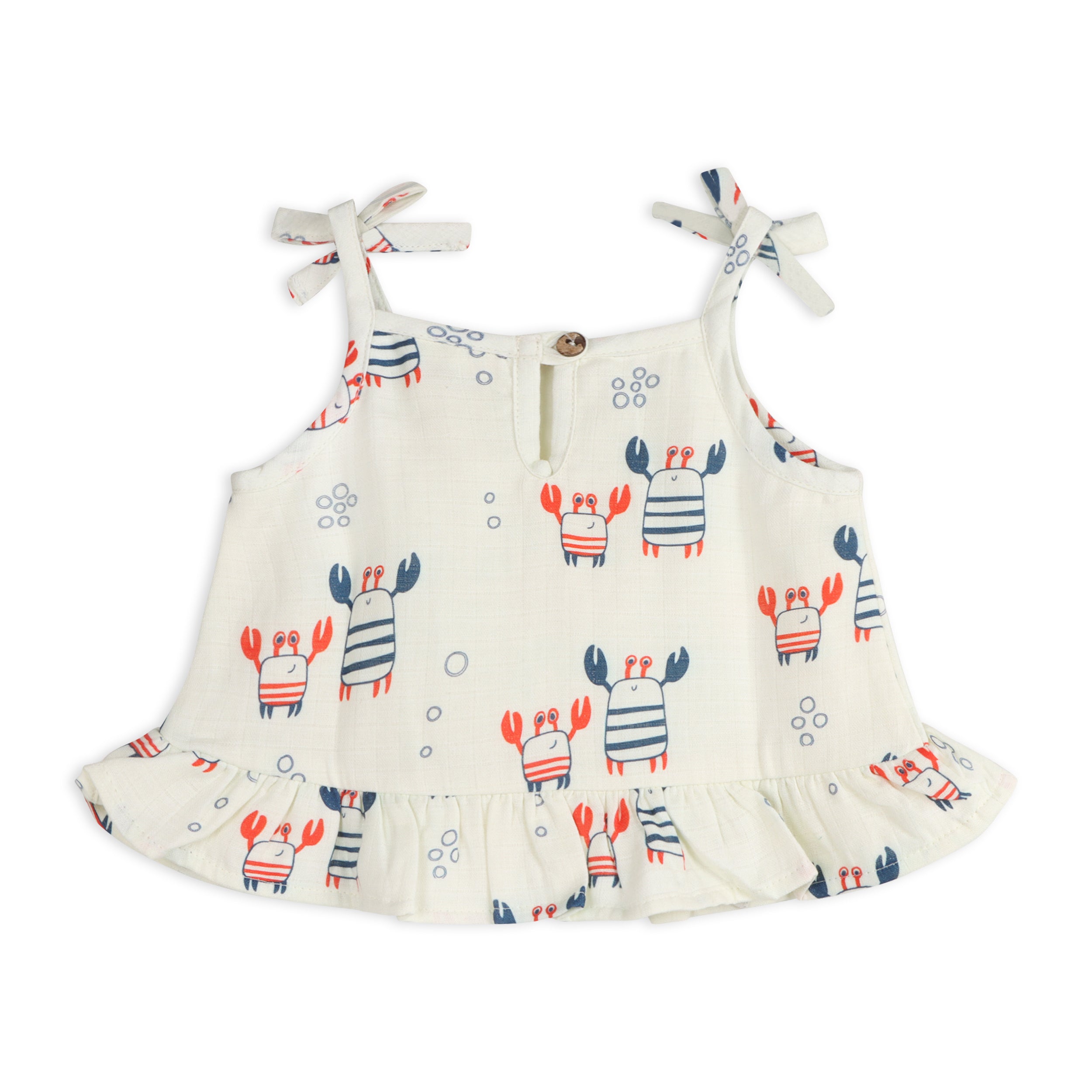 Nautical Crab Shoulder Tie Baby Top + Bloomer Set (Organic Muslin)