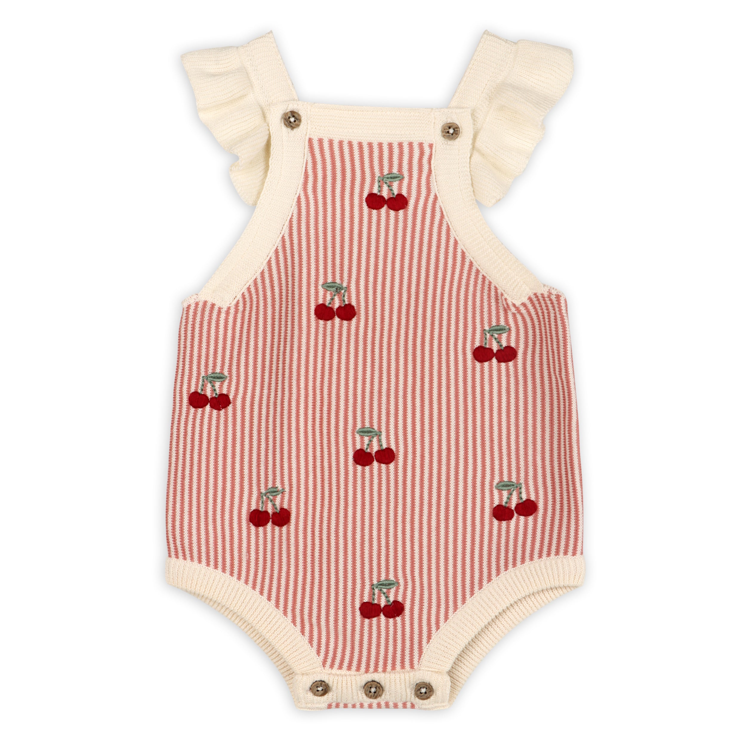 Cherry Stripe Embroidered Baby Ruffle Romper Set (Organic Cotton)