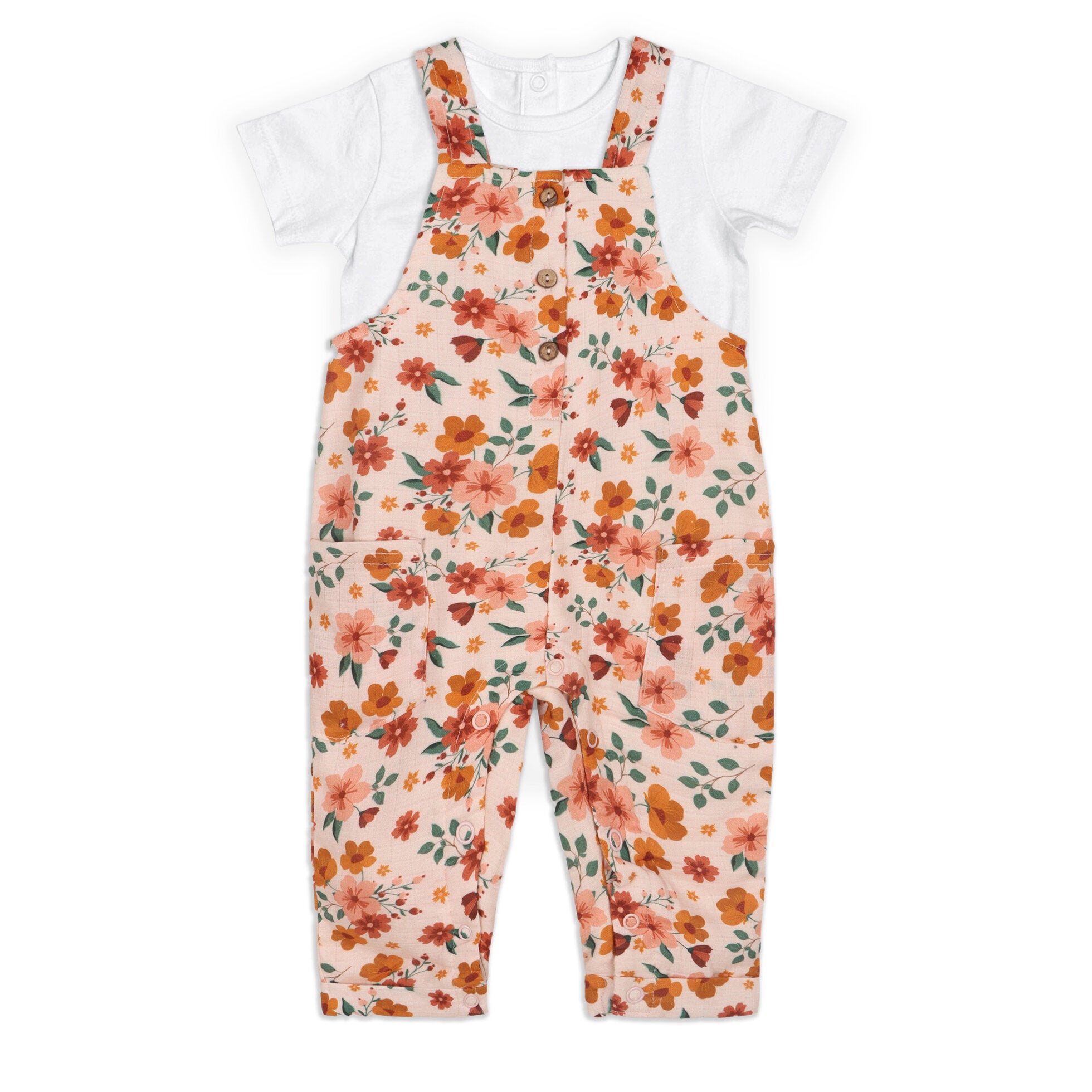 Summer Floral Baby Dungaree + Bodysuit Set (Organic Muslin)