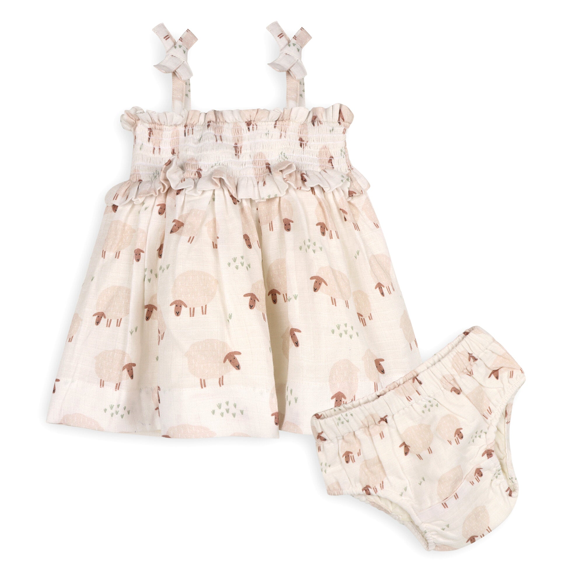 Sheep Baby Smocked Strap Dress + Bloomer Set (Organic Muslin)
