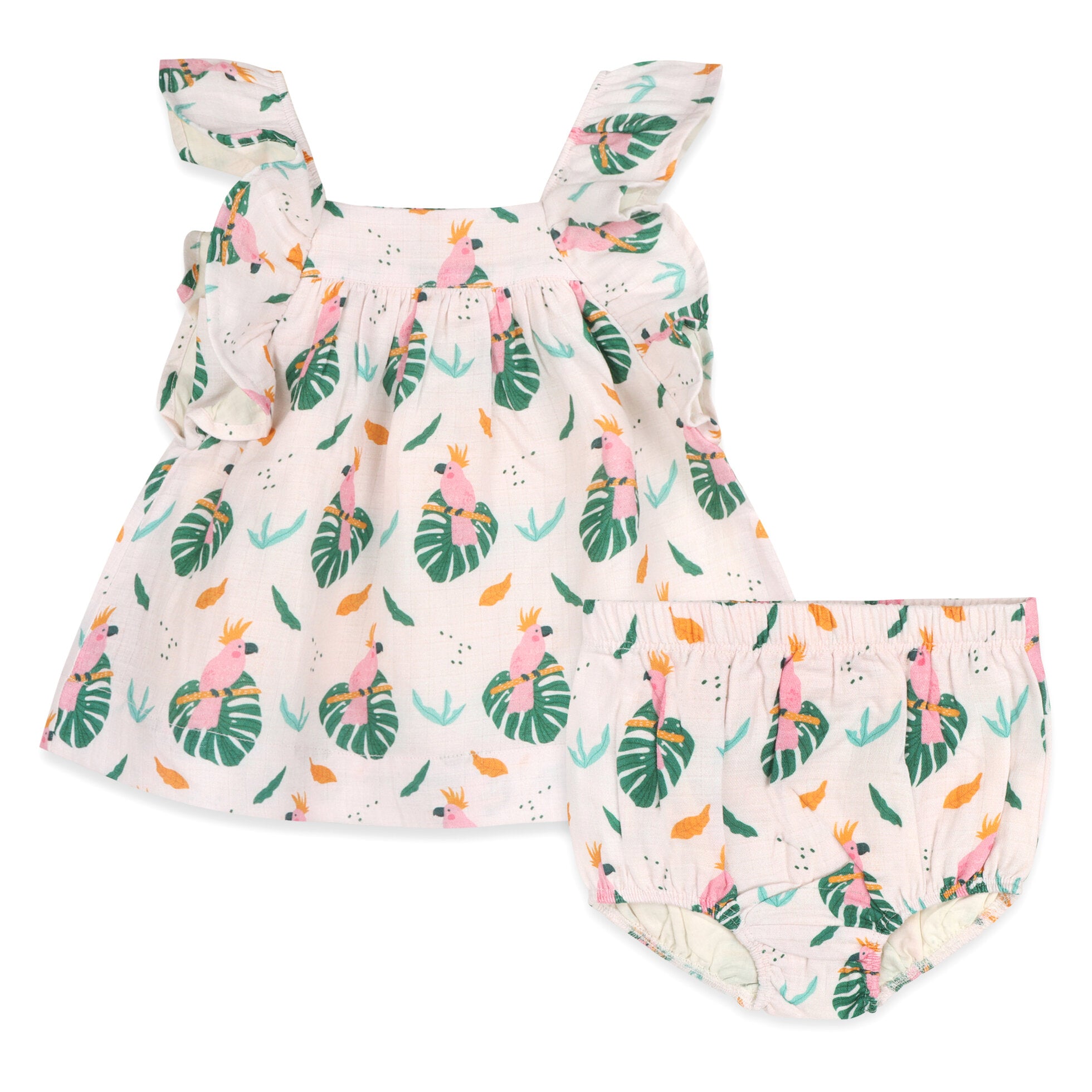Parrot Ruffle Sleeve Baby Dress + Bloomer Set (Organic Muslin)