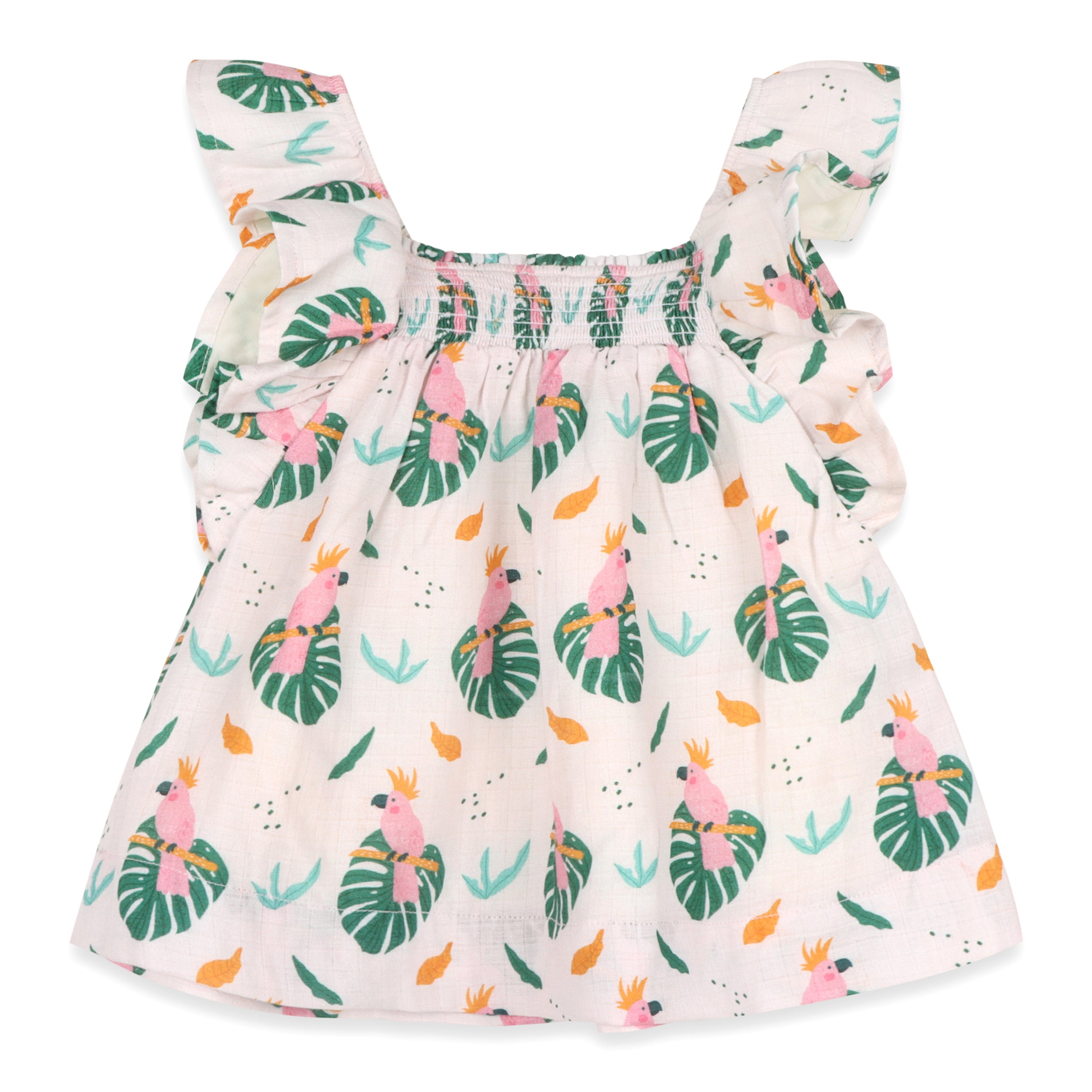 Parrot Ruffle Sleeve Baby Dress + Bloomer Set (Organic Muslin)