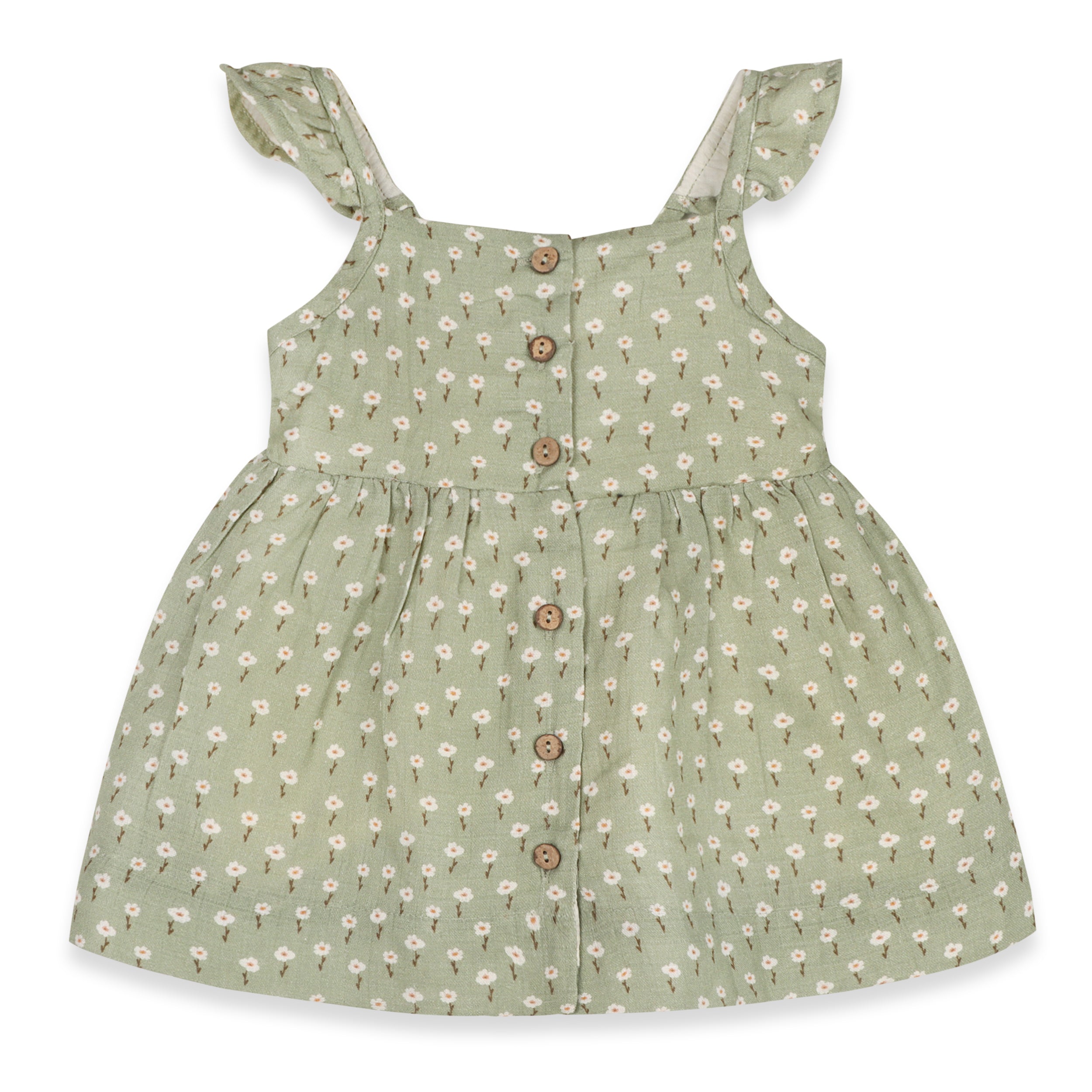 Sage Floral Ruffle Baby Dress + Bloomer Set (Organic Muslin)