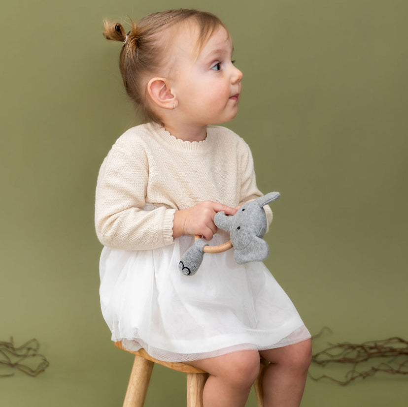 Elephant - Baby Teething Ring Rattle Toy (Organic Cotton / Wood)