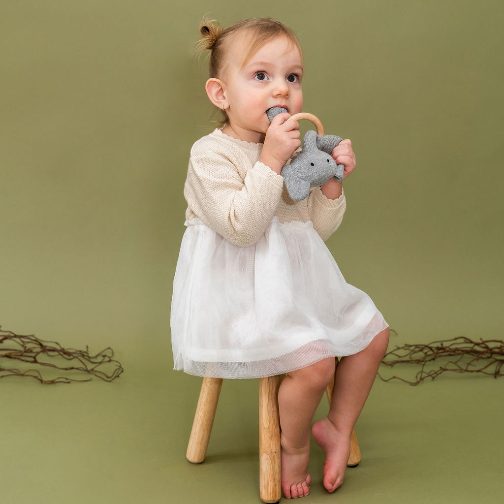 Elephant - Baby Teething Ring Rattle Toy (Organic Cotton / Wood)