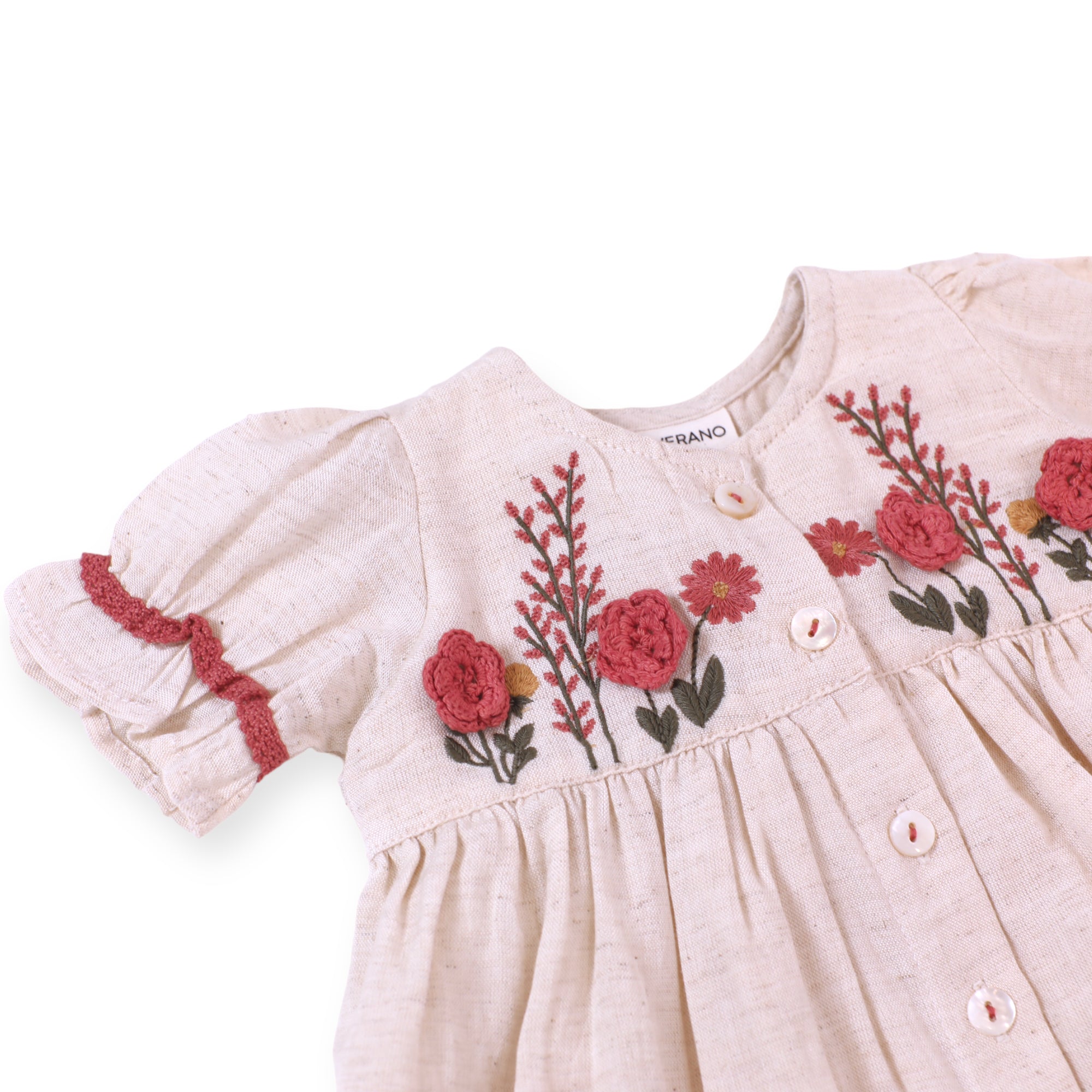 Victoria Embroidered Floral Baby Dress + Bloomer (Linen Blend)