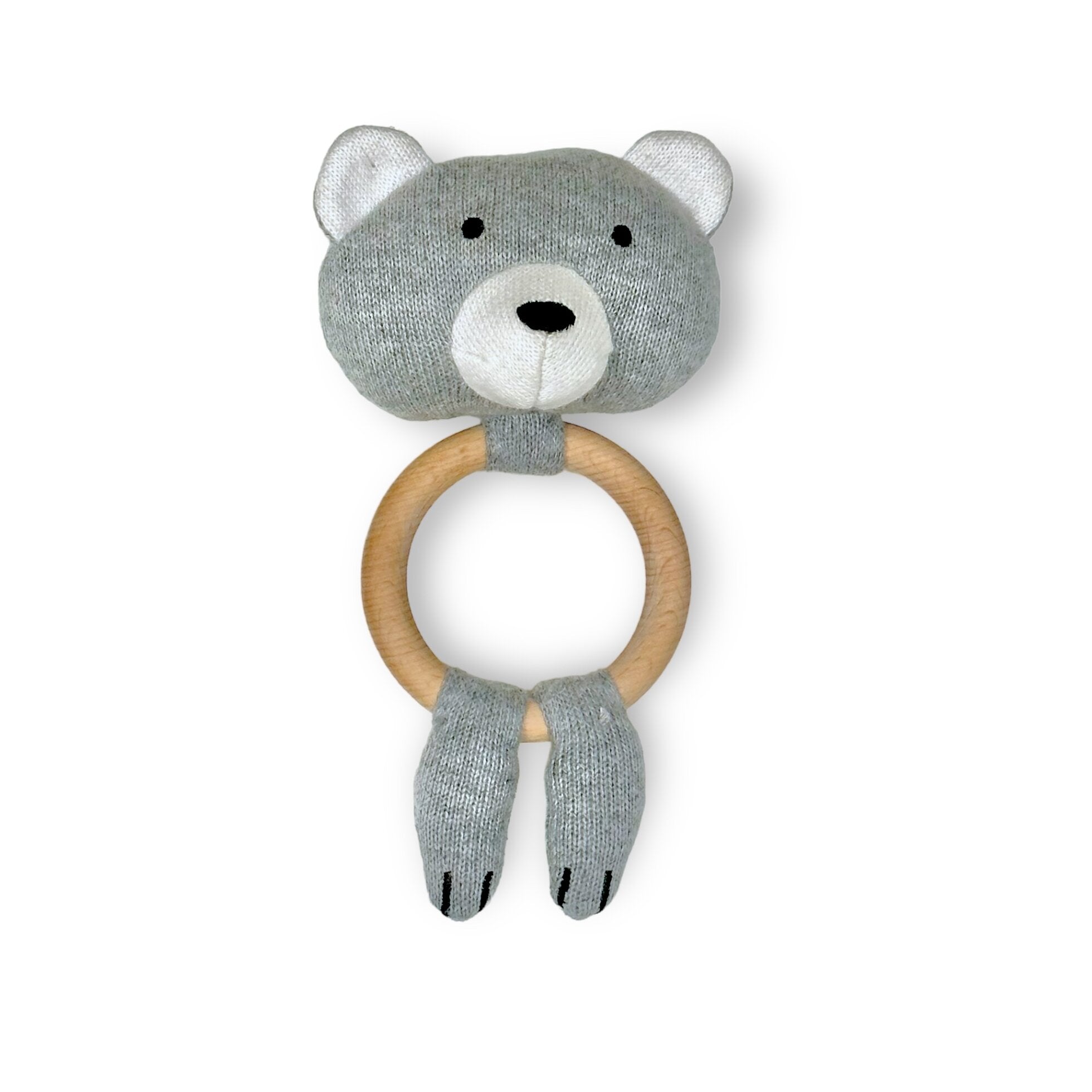 Bear - Baby Teething Ring Rattle Toy (Organic Cotton / Wood)