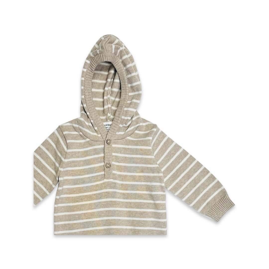 Oat Heather - Stripe Hooded Sweater Knit Baby Pullover (Organic Cotton)