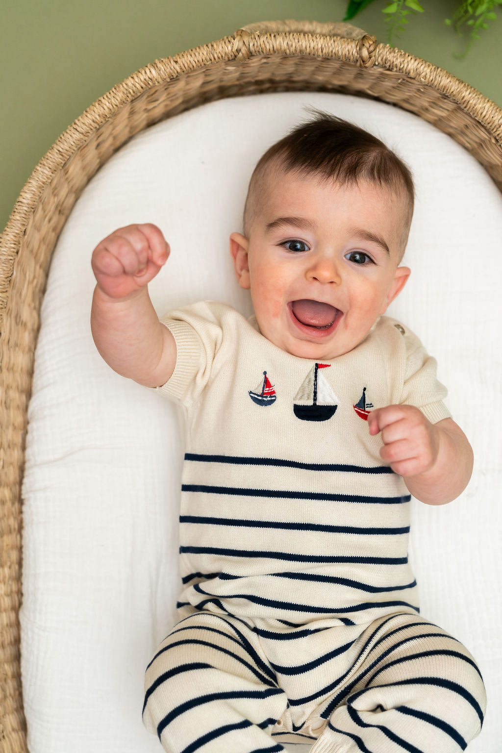 Sailboat Embroidered Knit Short Sleeve Baby Jumpsuit (Organic Cotton)