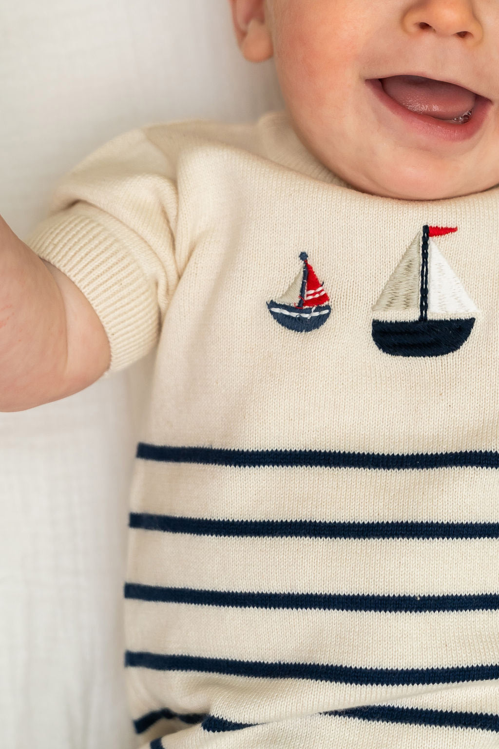 Sailboat Embroidered Knit Short Sleeve Baby Jumpsuit (Organic Cotton)