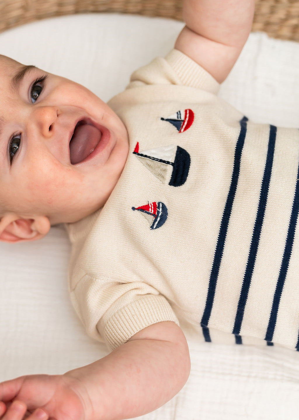 Sailboat Embroidered Knit Short Sleeve Baby Jumpsuit (Organic Cotton)