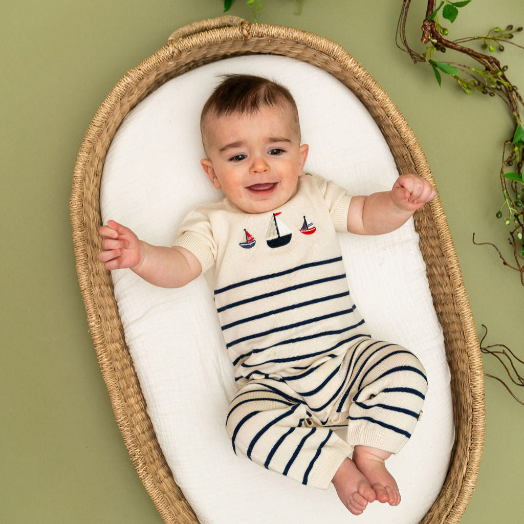 Sailboat Embroidered Knit Short Sleeve Baby Jumpsuit (Organic Cotton)
