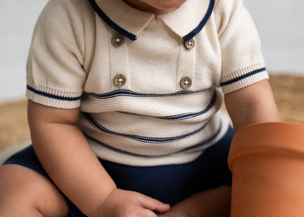 Classic Collar & Stripe Sweater Knit Baby Romper (Organic Cotton)