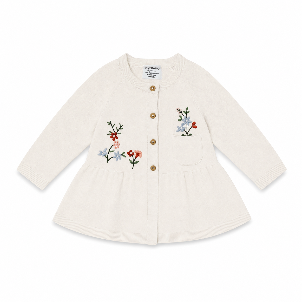Vestido de bebé con volantes y botones delanteros bordados con flores (orgánico)