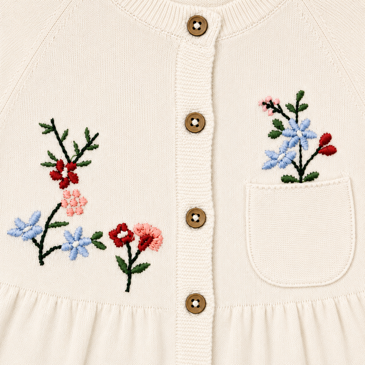 Vestido de bebé con volantes y botones delanteros bordados con flores (orgánico)