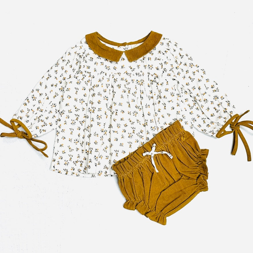 mustard yellow infant dress Floral Muslin Baby Dress + Corduroy Bloomer SET (Organic)