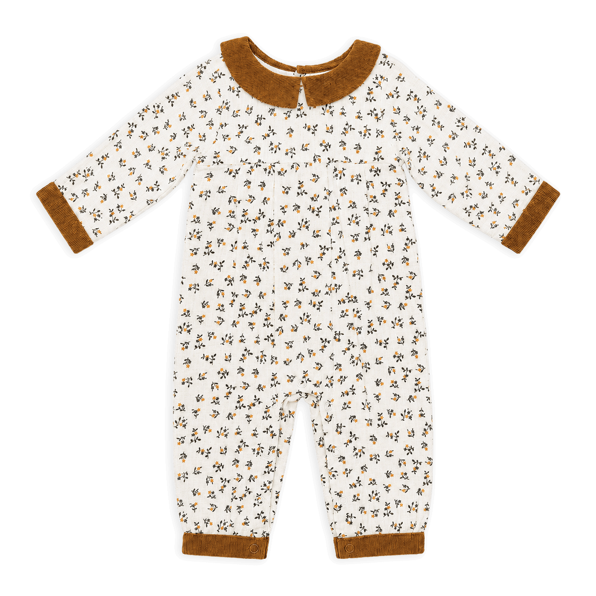 organic ditsy floral muslin + corduroy baby jumpsuit