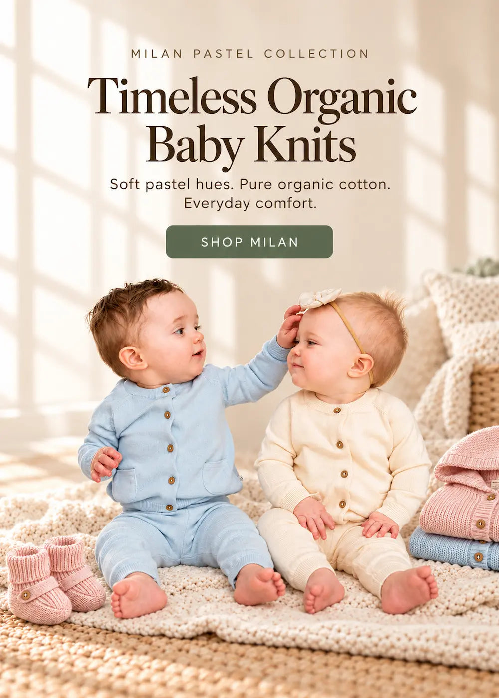 Babies wearing Viverano Milan pastel organic cotton knitwear