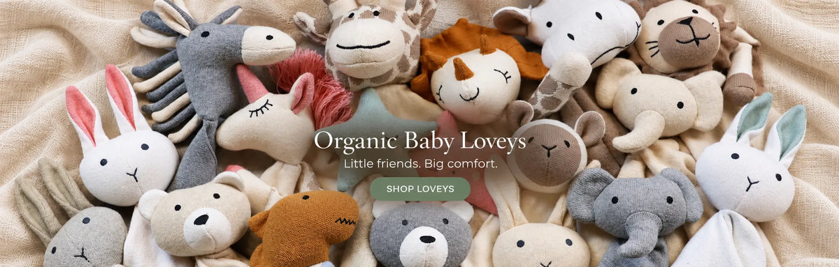 Organic cotton baby lovey security blankets featuring soft knit and sherpa animals.