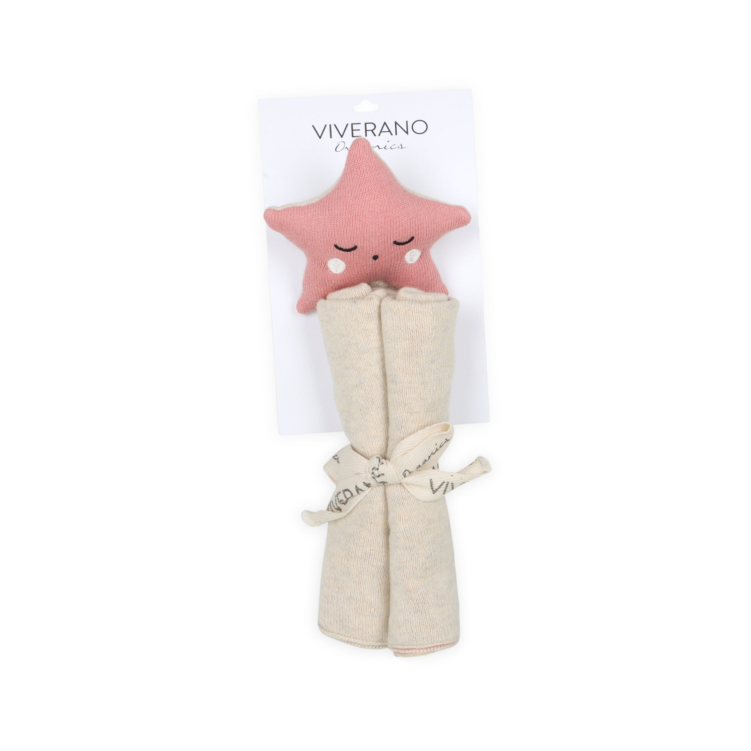Pink star-shaped toy with a beige blanket on a white background, branded 'Viverano'.