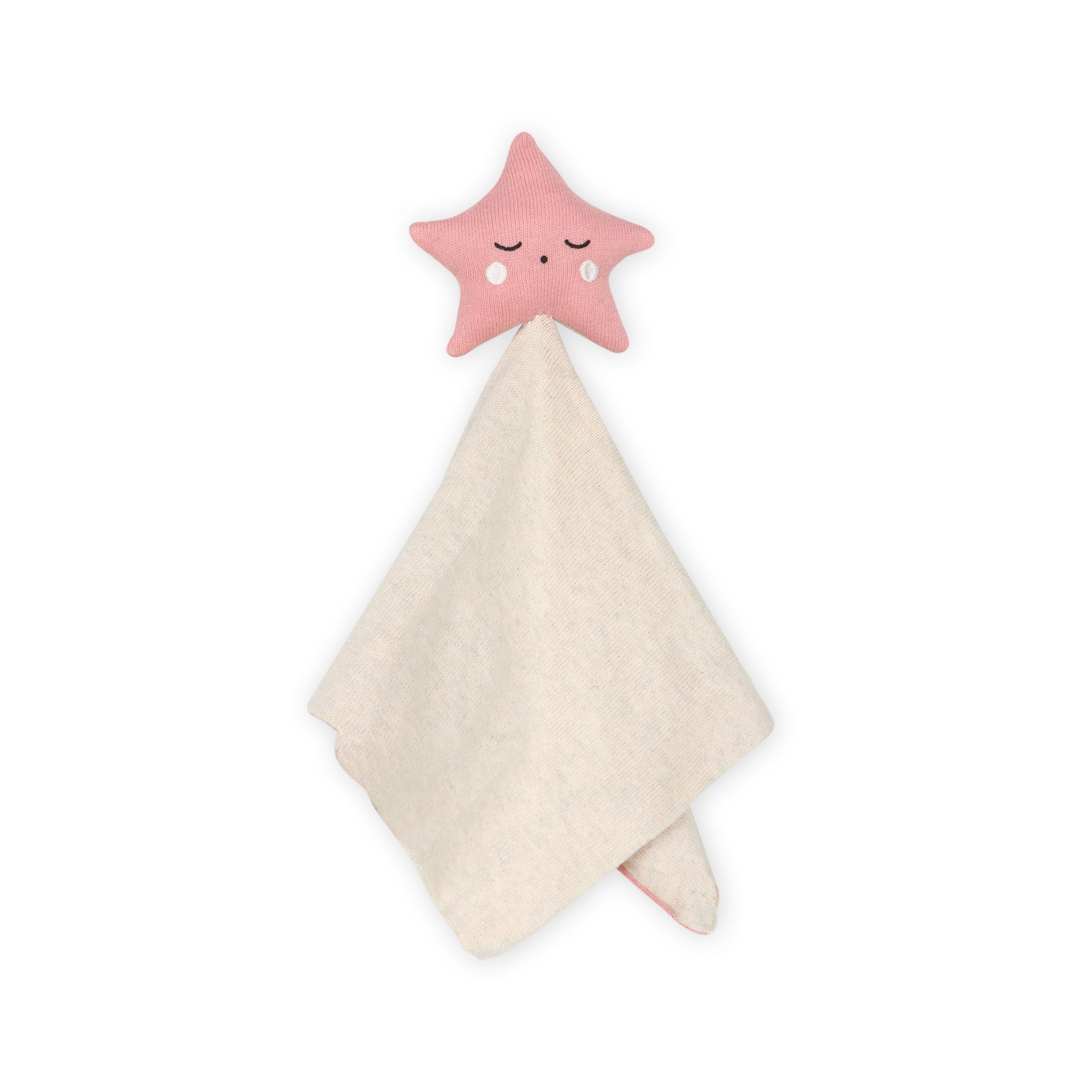 Pink star-shaped toy with a beige triangle-shaped blanket on a white background