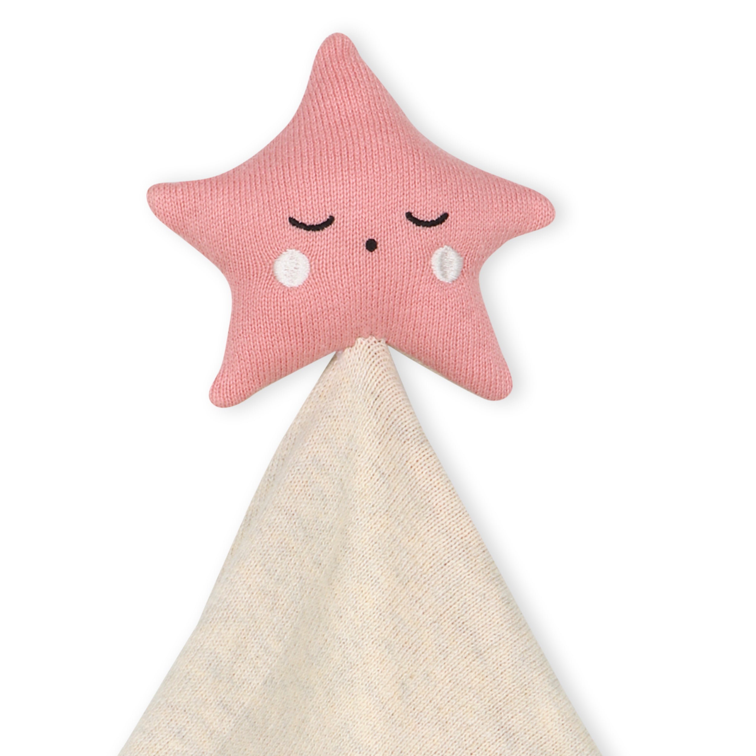 Pink star-shaped plush toy with a beige blanket on a white background