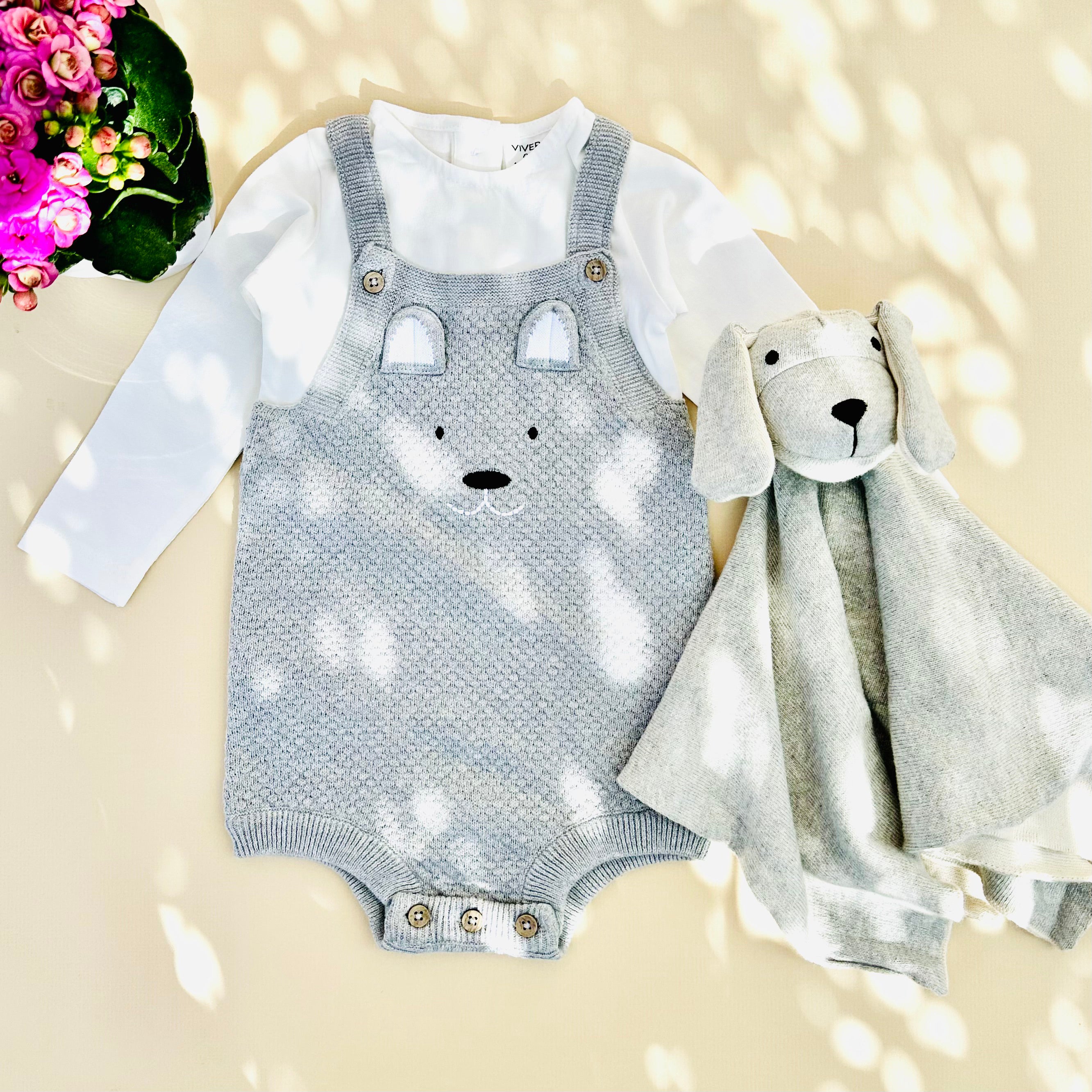 Dog Embroidered Sweater Knit Baby Overall Romper + Bodysuit Set (Organic)