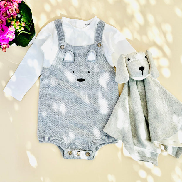 Dog Embroidered Sweater Knit Baby Overall Romper + Bodysuit Set (Organic)
