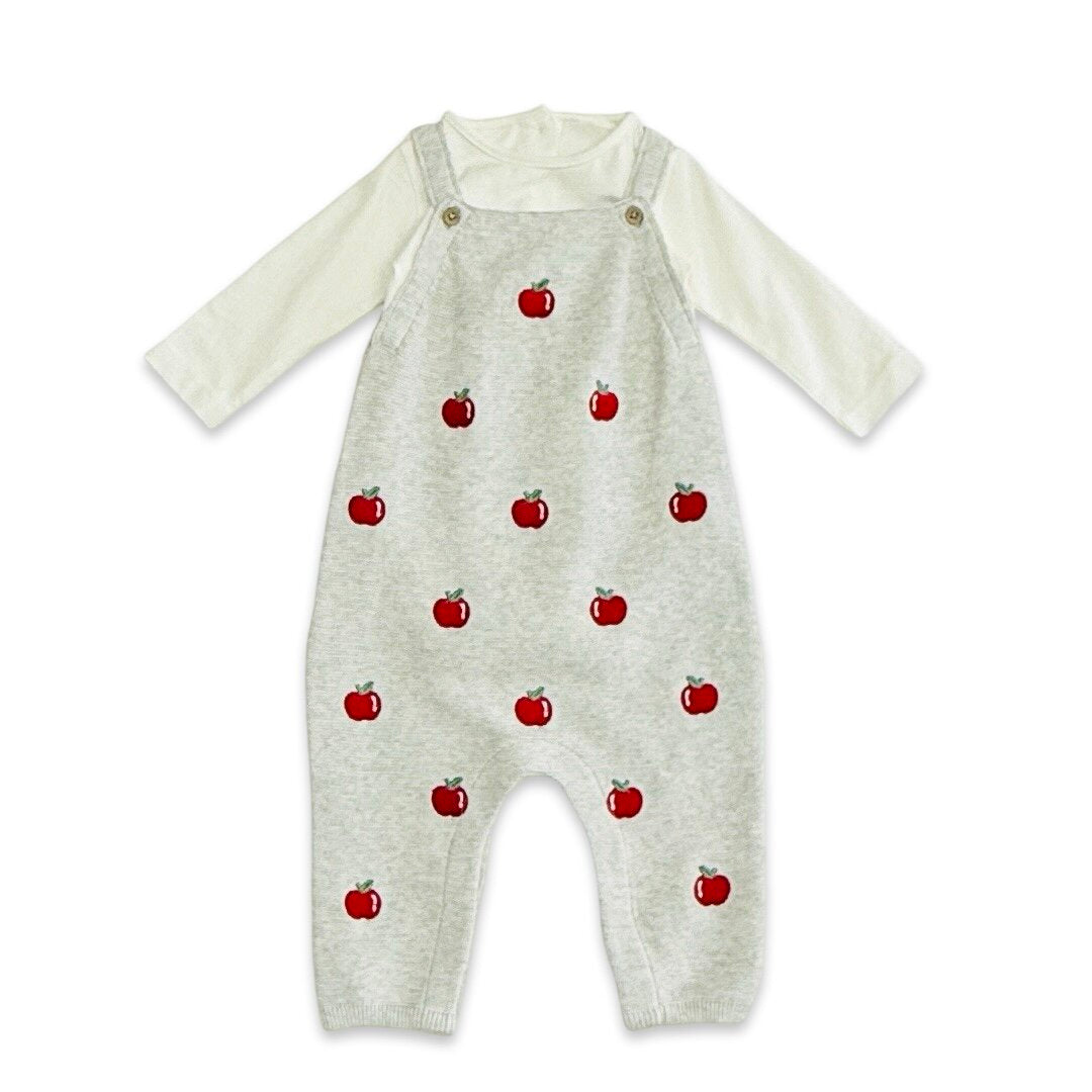 Viverano Organics organic cotton baby overall set with apple embroidery and long sleeve bodysuit