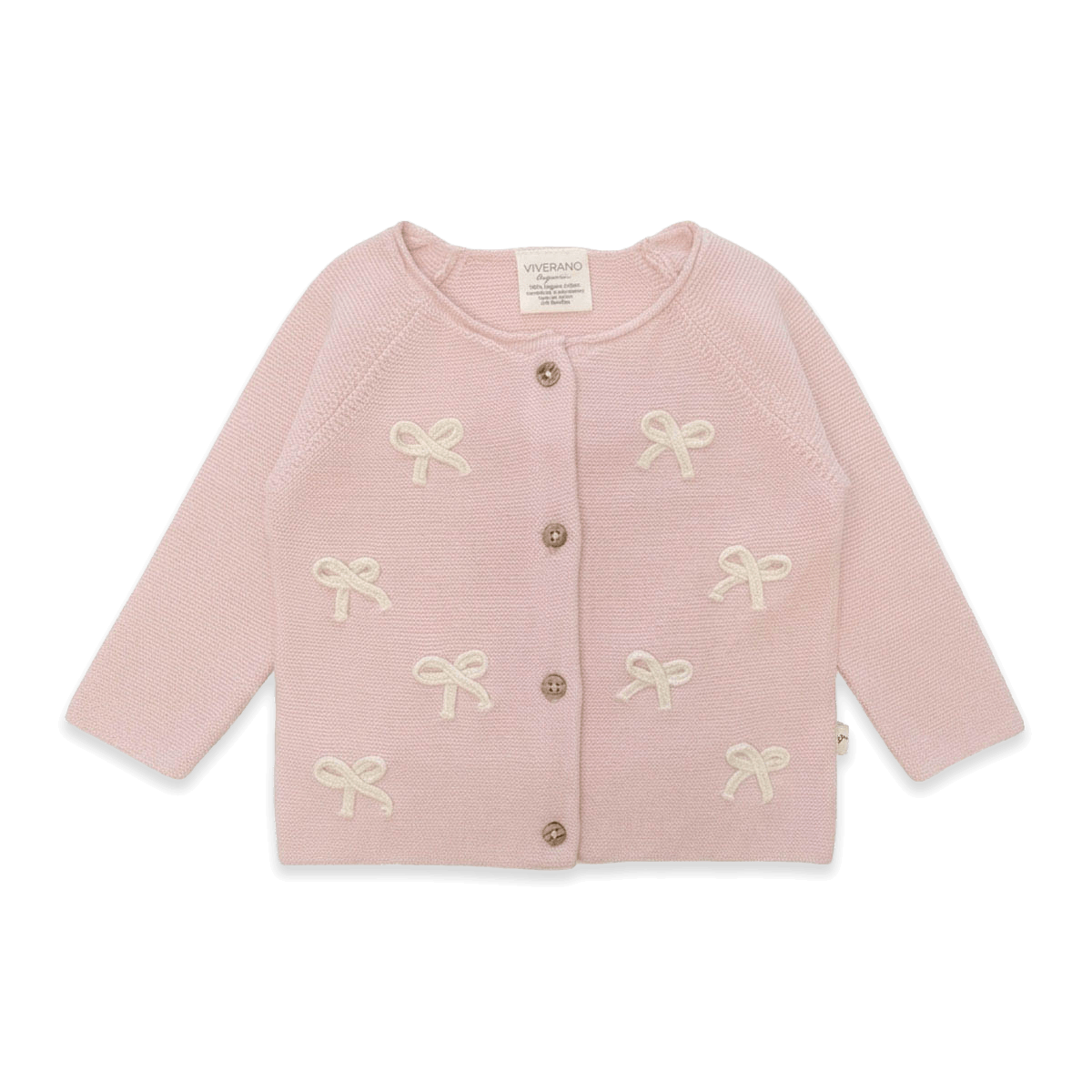 Viverano Organics pink baby cardigan with button closure and white bow embroidery