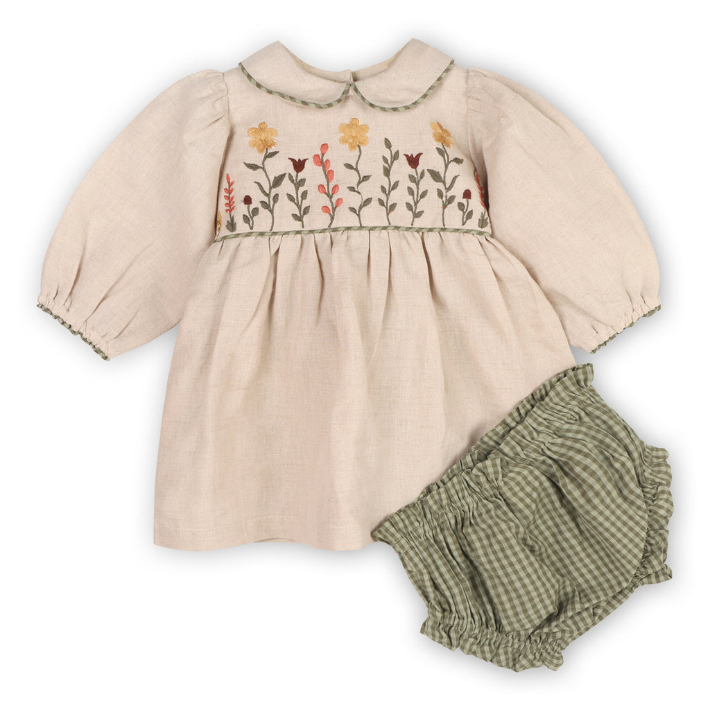 Viverano Embroidered Corduroy Tie Baby Dress & Fancy Bloomer Set (Organic) main image 1