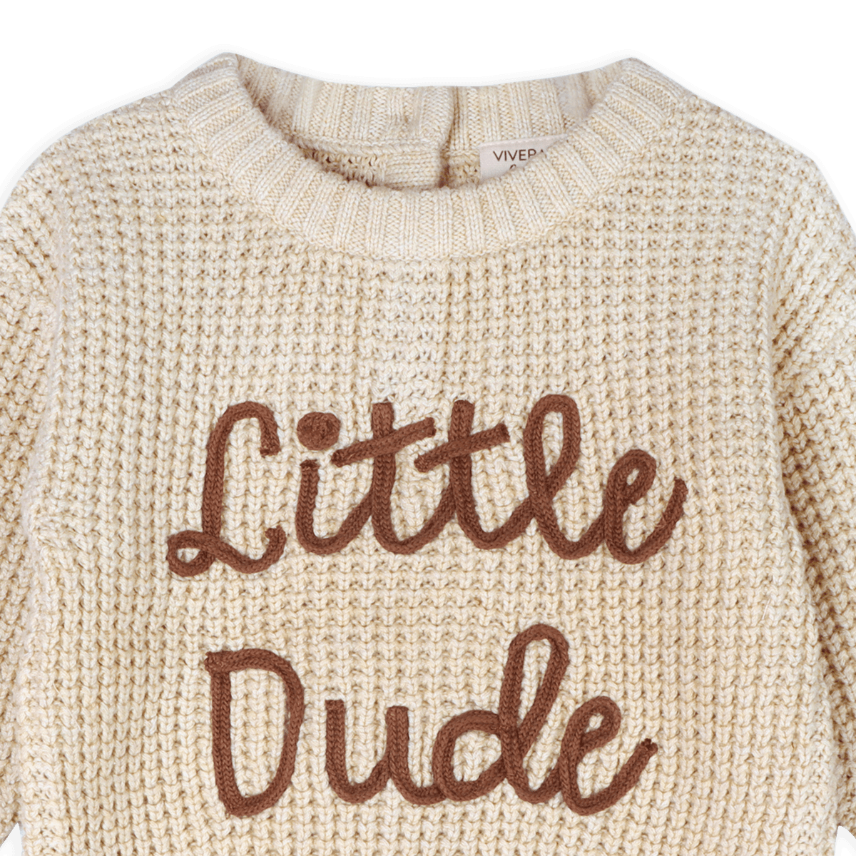 Viverano Organics baby top with Little Dude text knitted design made from organic cotton